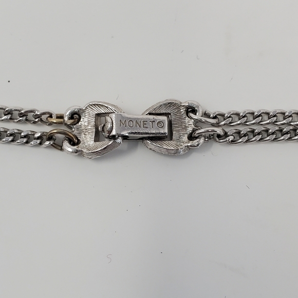 MONET SIGNED SILVER DOUBLE STRAND CHAIN NECKLACE FRINGE PENDANT JEWELRY COSTUME - Picture 7 of 12